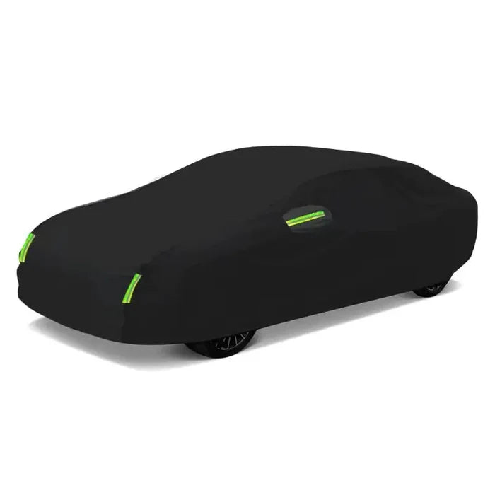 Habicare Universal Black Car Cover with reflective strips, available in various sizes, designed to protect vehicles from weather.