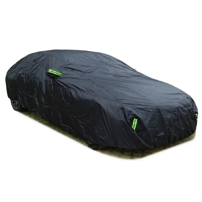 Habicare Universal Black Car Cover with reflective strips, available in multiple sizes, protects vehicle from weather and dust.