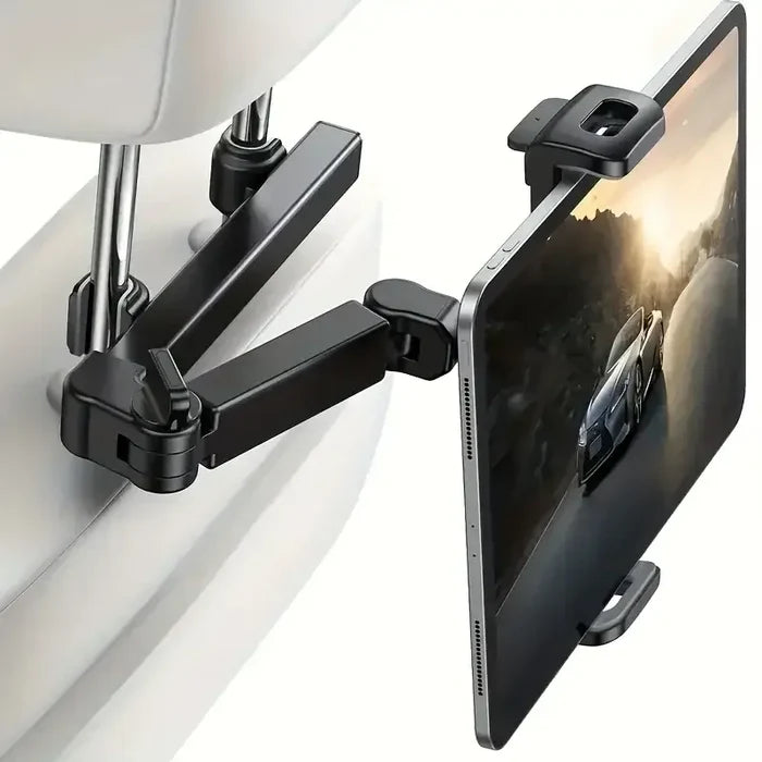 Black and red Habicare HBC universal car headrest tablet and phone holder mount installed on a vehicle headrest.