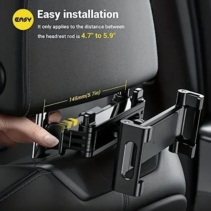 Habicare HBC universal car headrest tablet and phone holder mount in black and red, securely attaching devices for rear seat passengers.