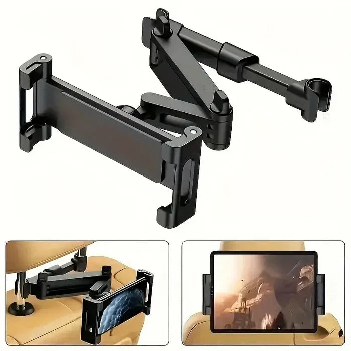 Habicare HBC universal car headrest tablet and phone holder mount in black and red, securely attaches to headrest for in-car entertainment.