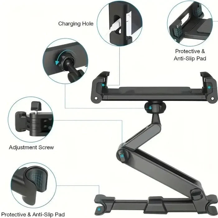 Black and red Habicare HBC universal car headrest tablet and phone holder mount attached to a headrest for in-car entertainment.