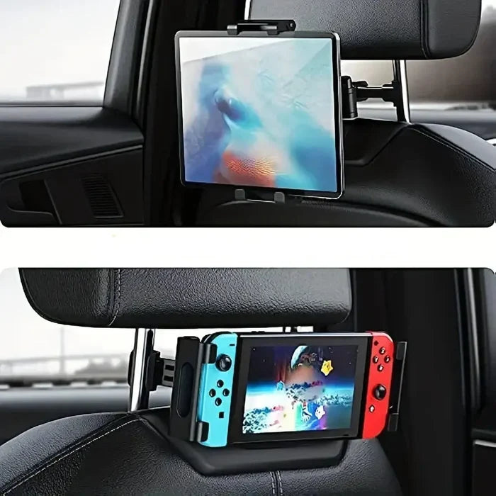 Habicare HBC universal car headrest mount in black and red holding a tablet and phone for rear-seat entertainment.