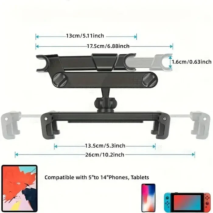 Habicare HBC universal car headrest mount holding tablet and phone in black and red for rear seat entertainment.
