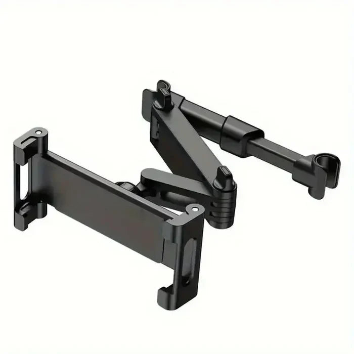 Habicare HBC universal car headrest tablet and phone holder mount in black and red attached to a headrest for rear-seat entertainment.