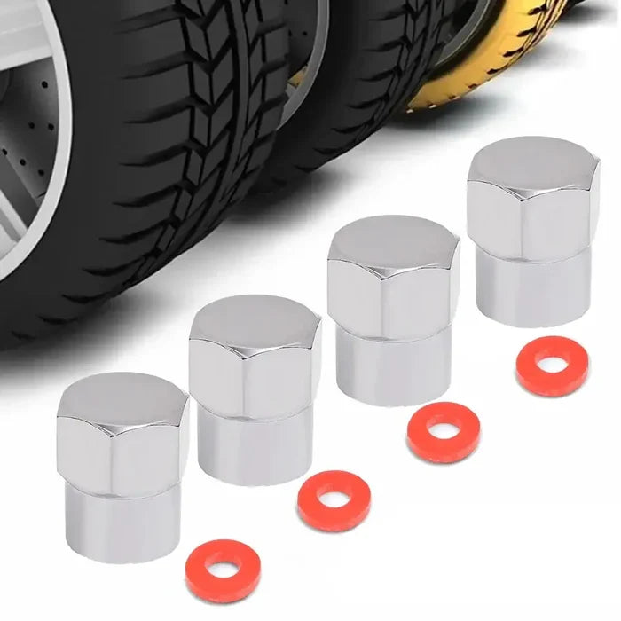 Set of HBC Habicare universal car tire valve stem caps, shown in various colors, for protecting tire valves.