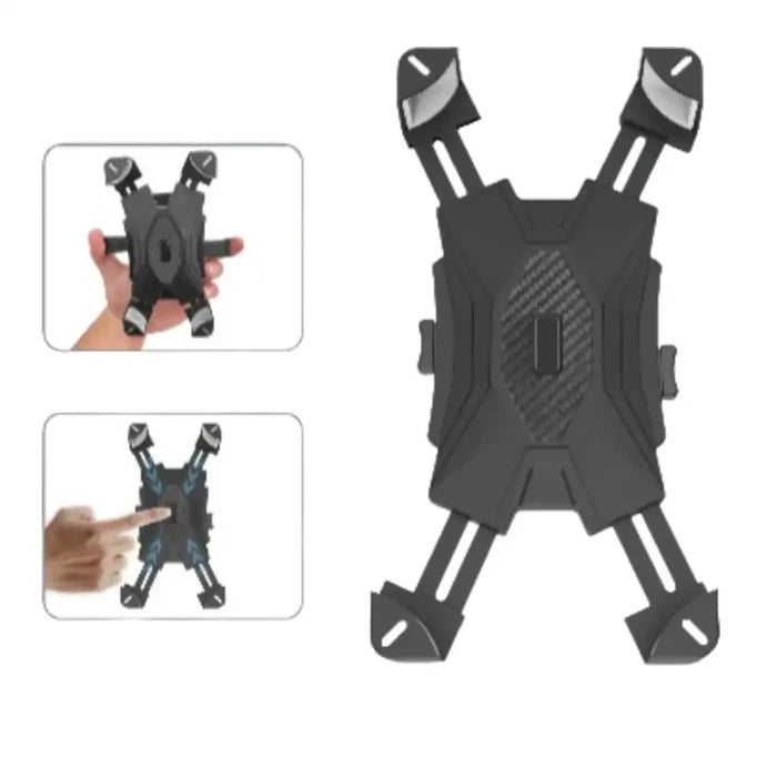 Habicare HBC universal large phone holder secured on a bike handlebar, suitable for motorcycles and scooters, holding a smartphone.