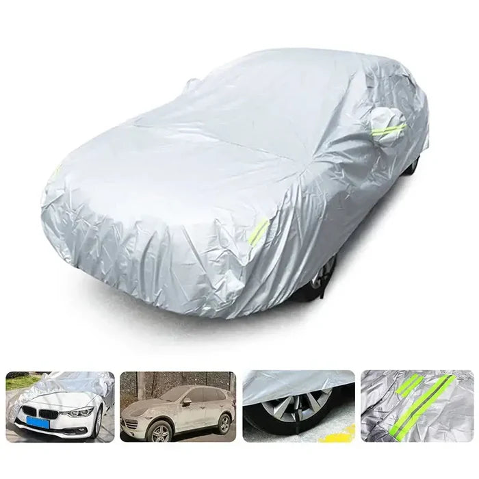 Habicare HBC universal outdoor car cover protecting a silver sedan from weather elements.