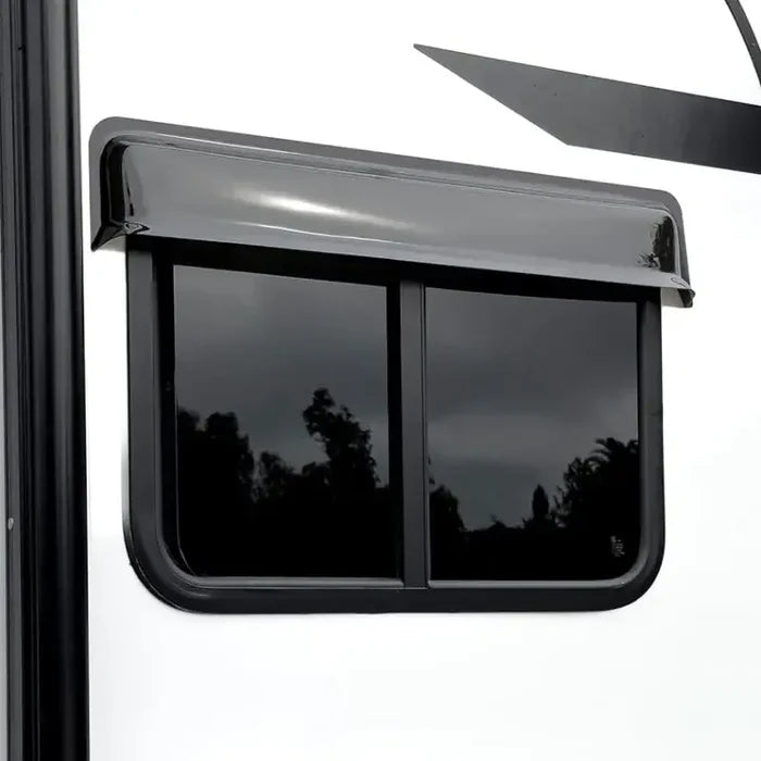 Habicare HBC universal RV window rain shield and sun visor, 50cm, installed on a vehicle window for rain and sun protection.