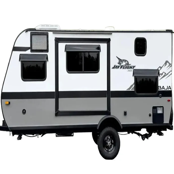 Habicare HBC universal RV window rain shield and sun visor, 50cm, mounted on RV window showing protection from rain and sun.