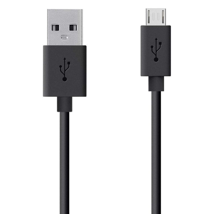Black 1m USB-A to micro-USB charger cable for Huawei phones by 9eight5, showing the cable connected to a Huawei device.