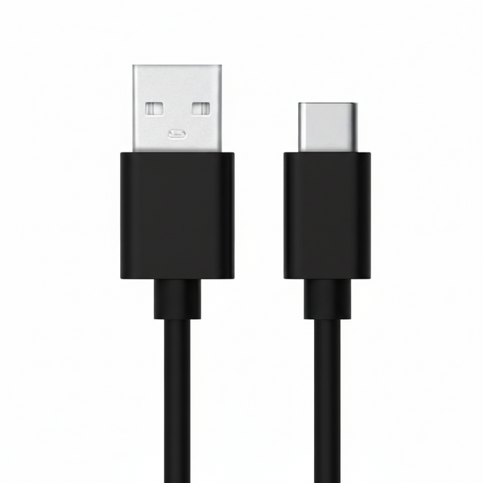 Black 1m USB-A to USB-C charger cable for Nokia phones by 9eight5, shown coiled with connectors visible.
