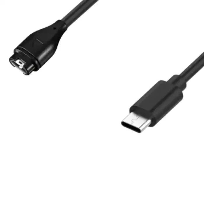 Black Habicare USB-C charging cable for Garmin smartwatch, TWS style, shown connected and ready for charging.