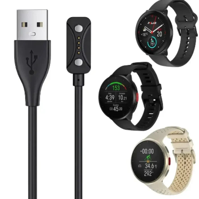 Habicare USB charger cable for Boneng Polar Pacer and Ignite 3 TWS fitness trackers, shown connected to devices.