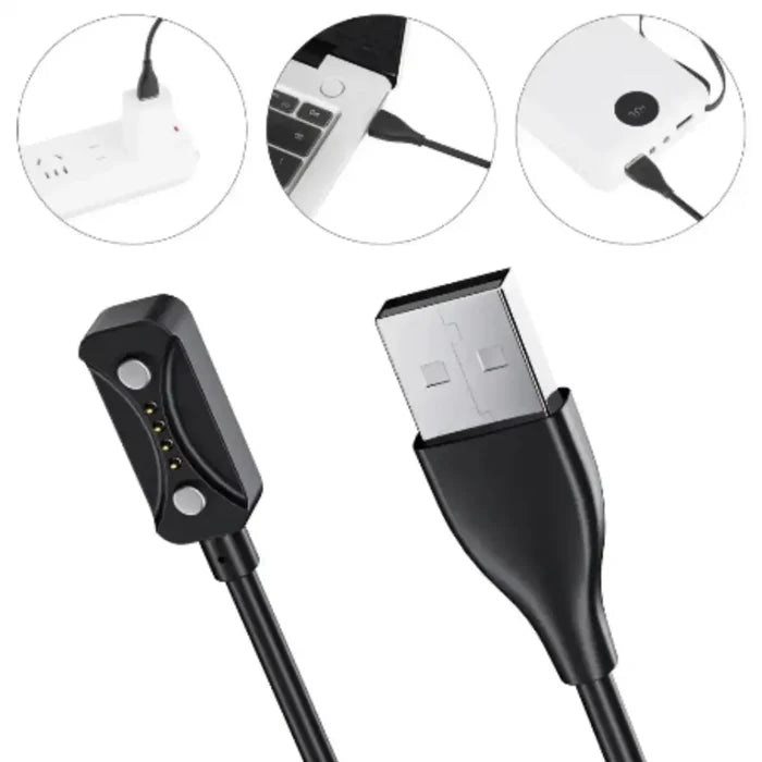 Habicare TWS USB charger cable for Boneng Polar Pacer and Ignite 3 fitness trackers, shown connected and ready for charging.
