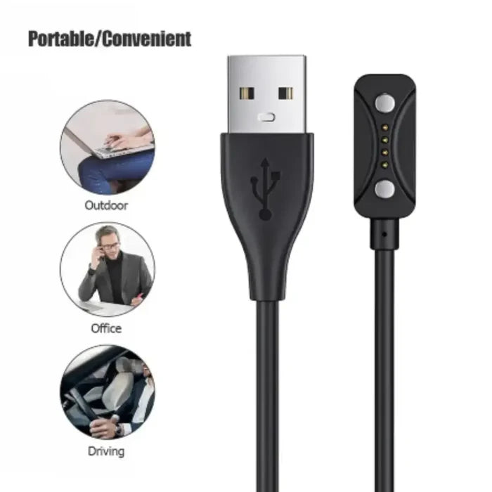 Habicare USB charger cable for Boneng Polar Pacer and Ignite 3 TWS fitness watches, shown connected to the devices.
