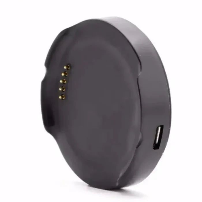 Habicare TWS USB charger dock for LG G Watch Urbane R, shown connected to the smartwatch for charging or data transfer.