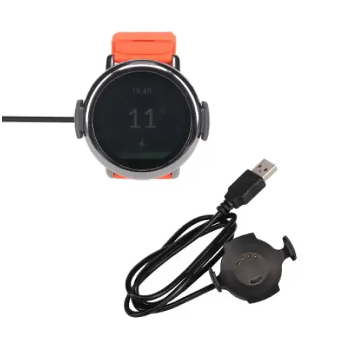 Magnetic USB charger for Amazfit Bip Youth A1608 smartwatch, TWS fitness device by Habicare, shown connected for charging.