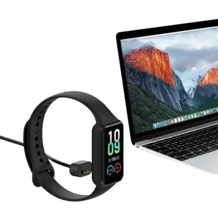 Habicare USB charging cradle for Amazfit Band 7 TWS, showing the compact charger with connection port and band placement.