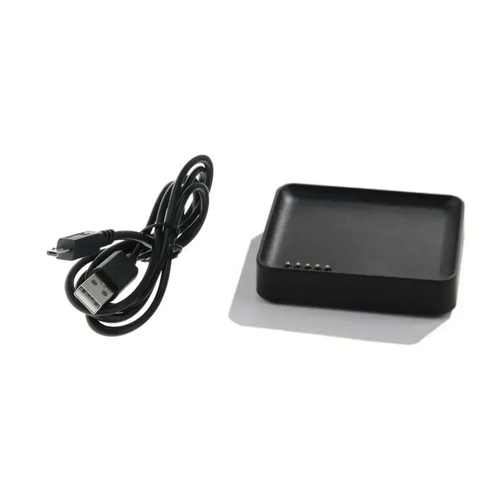 Habicare USB charging dock and cradle for LG G Watch W100 TWS smartwatch, includes charging cable and adapter.
