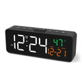 Habicare USB digital alarm clock displaying temperature, date, and time with adjustable 5-level brightness.