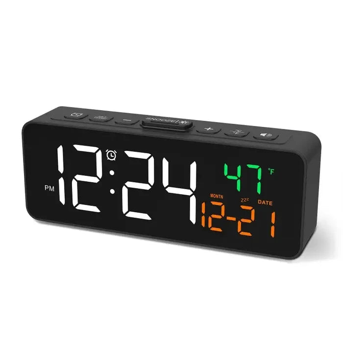 Habicare USB digital alarm clock displaying temperature, date, and time with adjustable 5-level brightness.