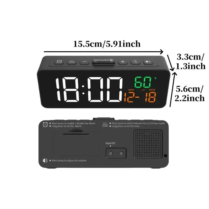 Habicare USB digital alarm clock showing temperature, date display, and adjustable 5-level brightness on a sleek black device.