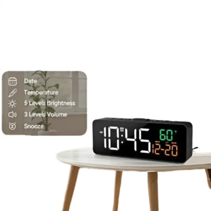 Habicare USB digital alarm clock displaying temperature, date, and time with adjustable 5-level brightness.