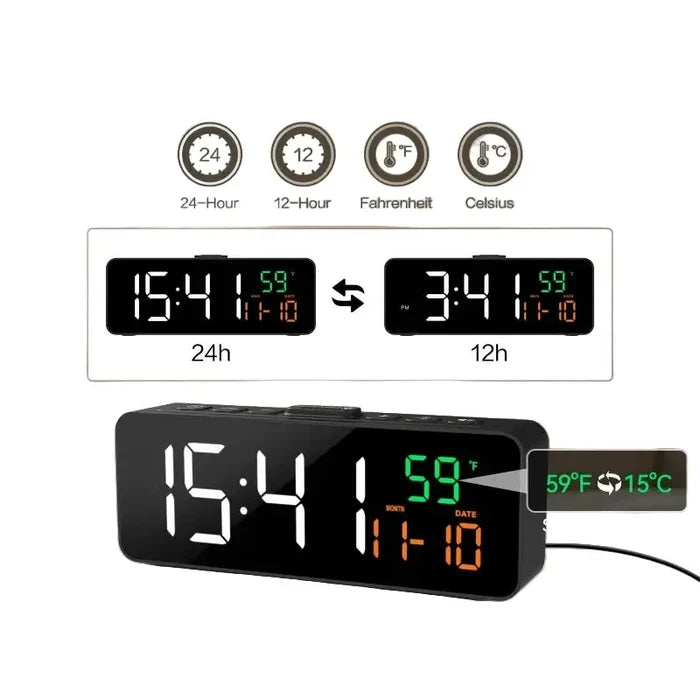 Habicare USB digital alarm clock displaying temperature, date, and time with adjustable 5-level brightness on a sleek black design.