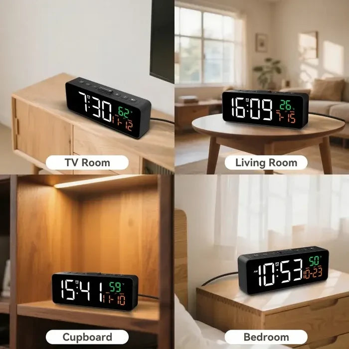 Habicare USB digital alarm clock displaying date and temperature with adjustable 5-level brightness