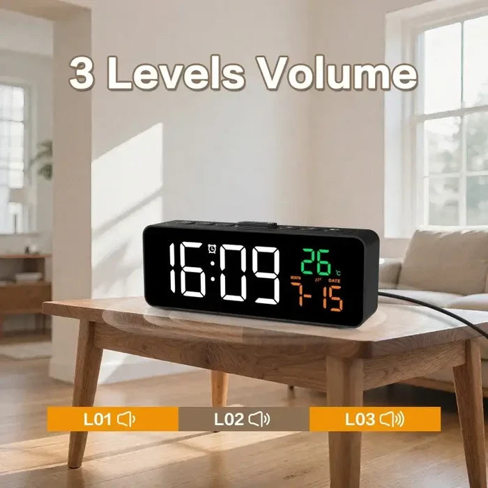 Habicare USB digital alarm clock displaying date and temperature with adjustable 5-level brightness on a sleek black device.