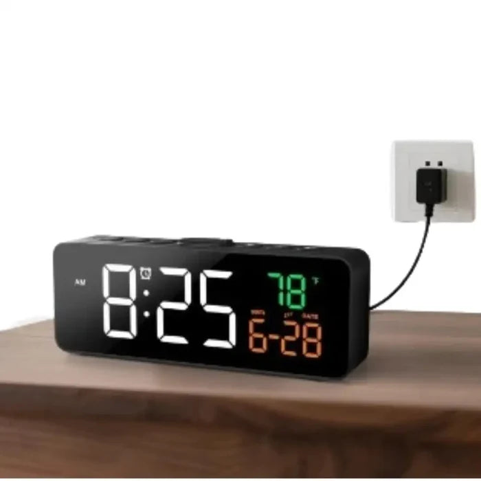 Habicare USB digital alarm clock with temperature and date display, featuring 5-level adjustable brightness.
