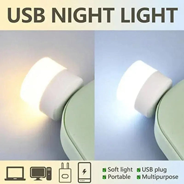 9eight5 USB night light plugged into a power outlet, providing soft ambient illumination for electronics and home use.