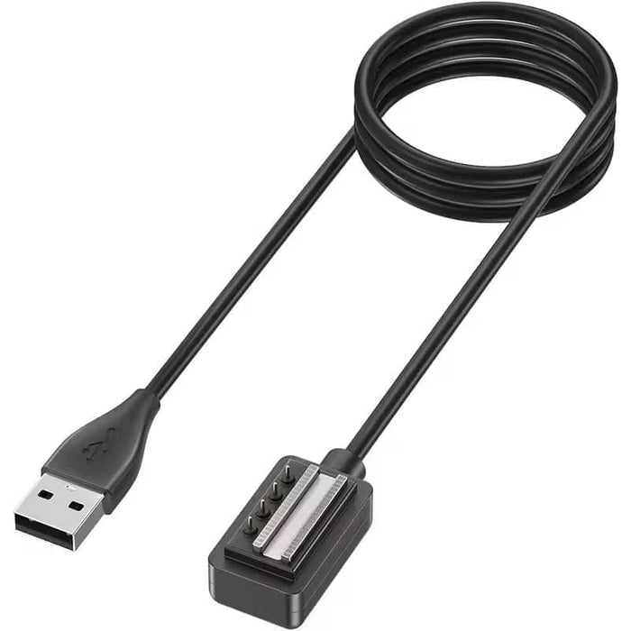 Black USB watch charger for Suunto watches, including Suunto 9, Ambit 4, Spartan, and D5, with USB-C cable for charging.