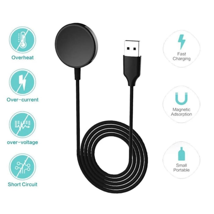 Black USB wireless charger for Apple Watch, compatible with Apple Watch models, designed for convenient wireless charging.