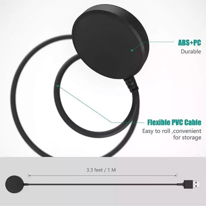 Black USB wireless charger for Apple Watch, compatible with Apple Watch models, featuring a sleek design for easy charging.