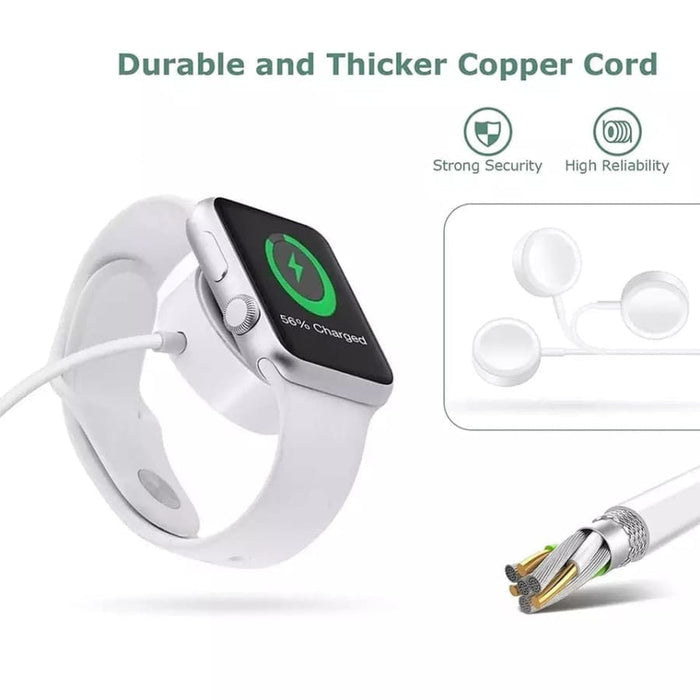 White USB wireless charger for Apple Watch, designed for seamless charging, compatible with Apple Watch models.