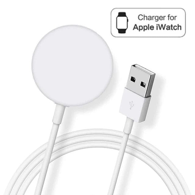 Wireless USB charger for Apple Watch with cable, compatible with Apple Watch models, designed for convenient charging.