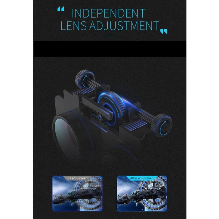 9eight5 VR goggles with remote control and headphones, showcasing sleek black design and adjustable straps for immersive virtual reality experience.