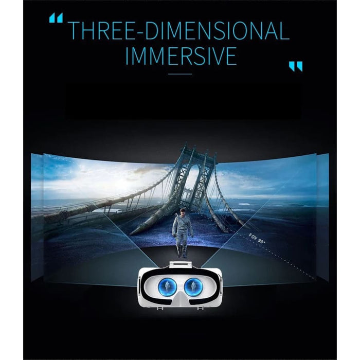 9eight5 VR goggles with remote control and headphones, showing sleek electronic accessories for immersive virtual reality experiences.