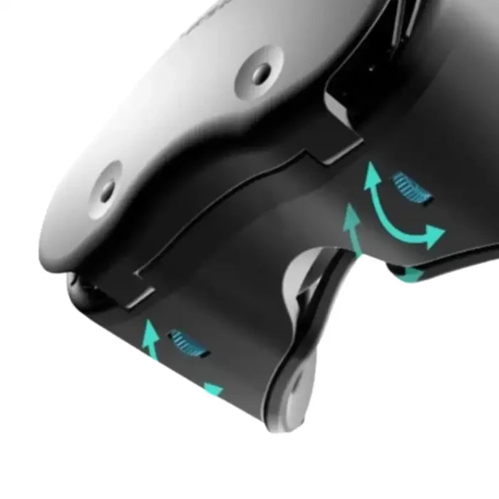 Habicare 9eight5 VR headset with wireless rocker for smartphones, showing adjustable head strap and sleek black design.