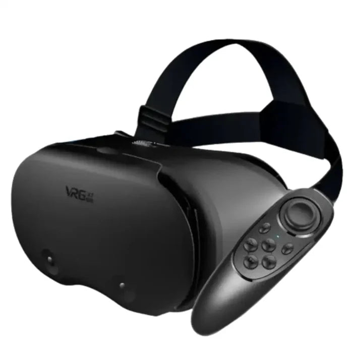 Habicare 9eight5 VR headset with wireless rocker for smartphones, showing the headset and mobile controller in use.