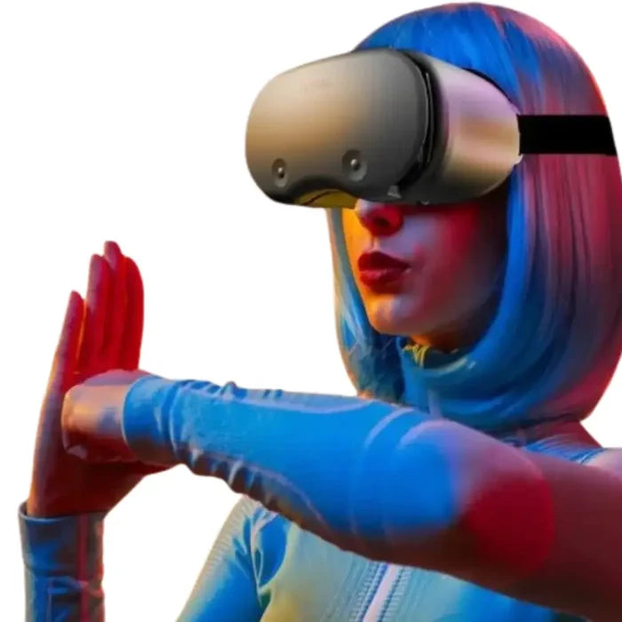 Habicare 9eight5 VR headset with wireless rocker controller for smartphones, showing the headset and smartphone holder in use