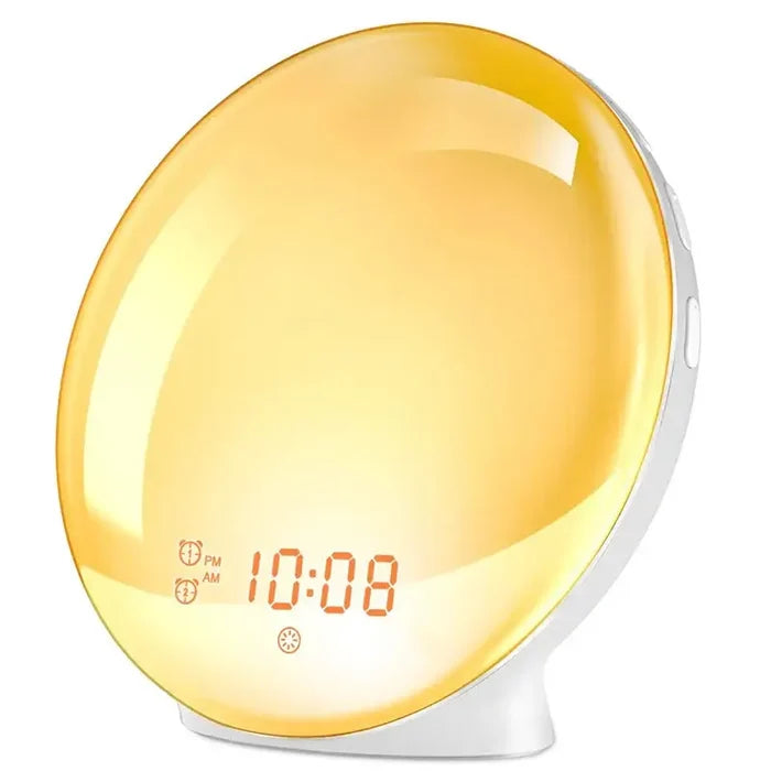Habicare HBC sunrise and sunset simulation wake-up light alarm clock with natural light display and digital controls.