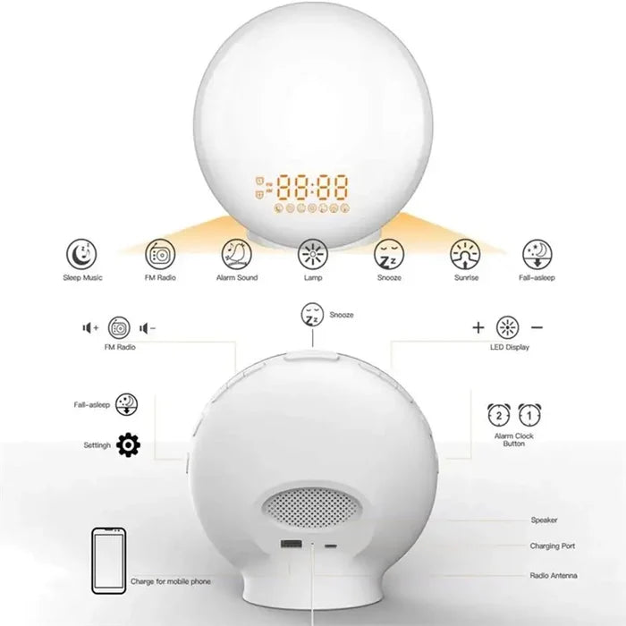 Habicare Wake-Up Light Alarm Clock with sunrise and sunset simulation, featuring a sleek design and adjustable brightness.