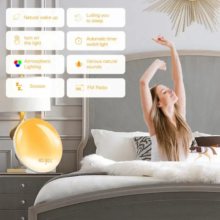 Habicare HBC Wake-Up Light Alarm Clock with sunrise and sunset simulation, featuring a sleek design and adjustable brightness.