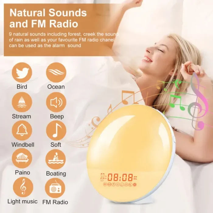 Habicare Wake-Up Light Alarm Clock with sunrise and sunset simulation, featuring a sleek design and adjustable brightness.