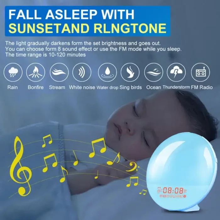 Habicare Wake-Up Light Alarm Clock with sunrise and sunset simulation, showing the device with adjustable brightness and control buttons.