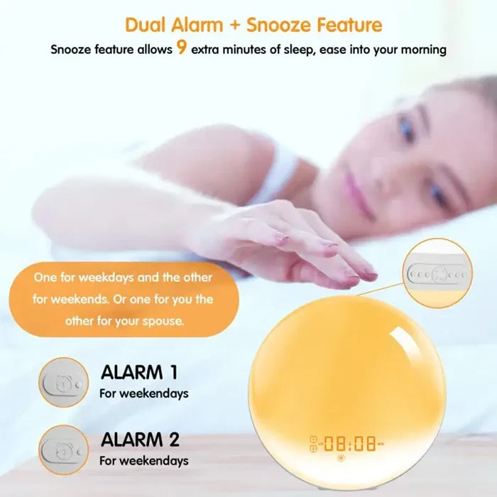 Habicare HBC Wake-Up Light Alarm Clock with sunrise and sunset simulation, featuring a sleek design and adjustable brightness.