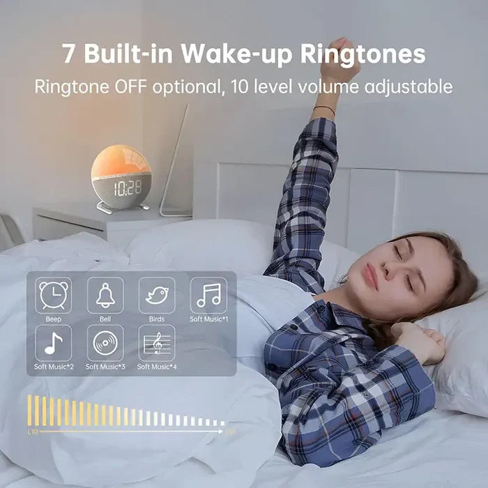 HBC 9eight5 Wake-Up Light Sunrise Alarm Clock with sunset sunset simulation and adjustable brightness settings.